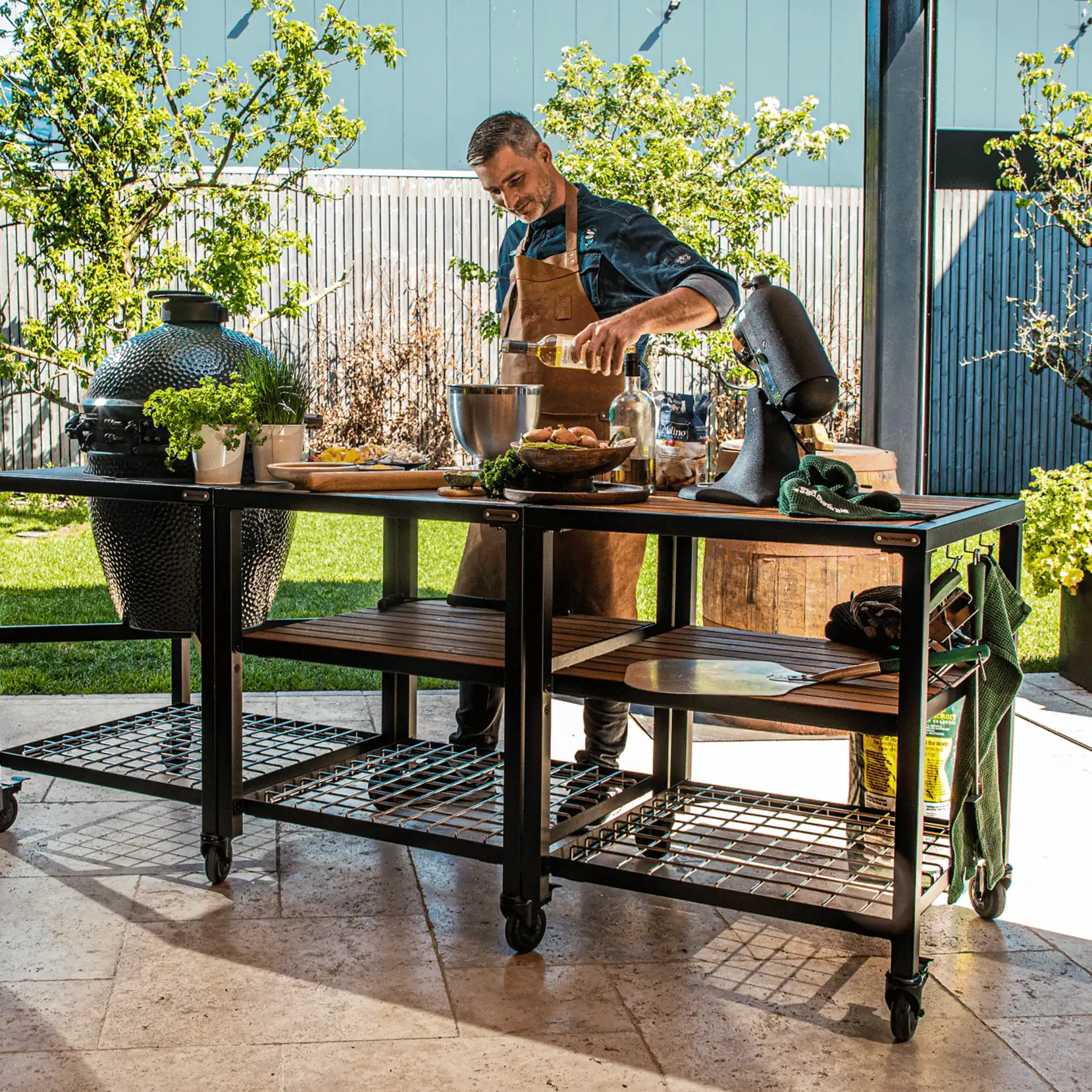 Large Big Green Egg in Modular Nest with Expansion and 3 Acacia Inserts Package - Image 7